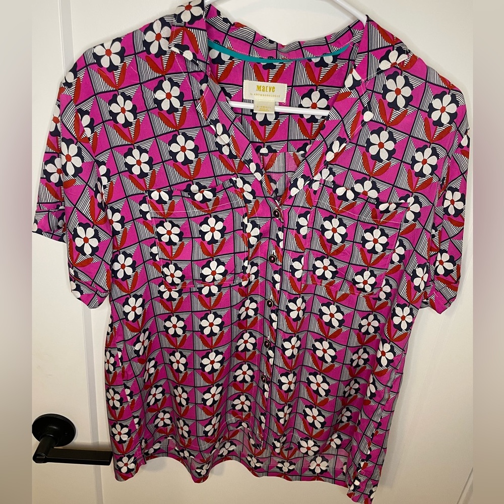 Pink blue white Mauve button blouse